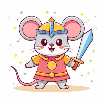 Cute cartoon mouse warrior with sword and helmet