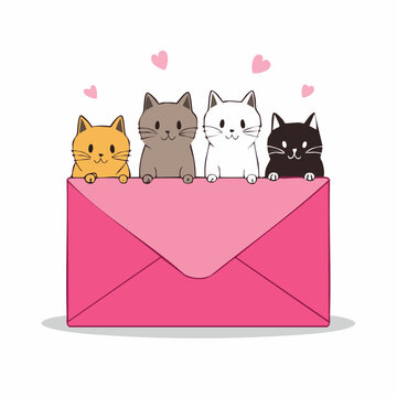 Cute Cats Peeking Over a Pink Envelope with Hearts