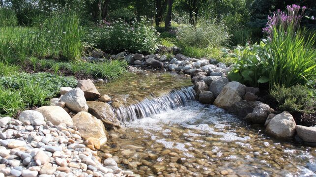 Clear stream cascades through landscaped garden bed