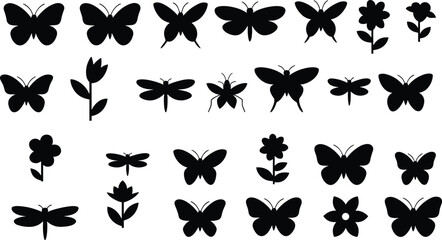 Obraz premium Silhouettes of butterflies, dragonflies, and flowers in