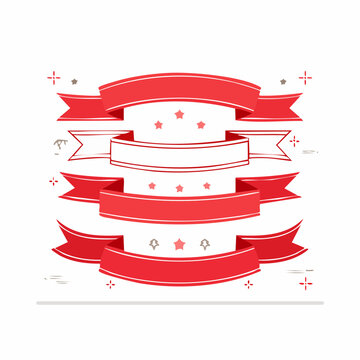 Set of Red and White Ribbons with Stars and Sparkles
