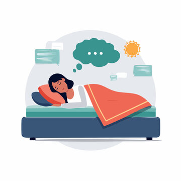 Woman sleeping and dreaming with thought bubbles and sun