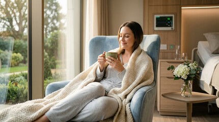 Fototapeta premium Young woman enjoying tranquil moment, sipping hot beverage, wrapped in cozy blanket, recovering in modern hospital room.