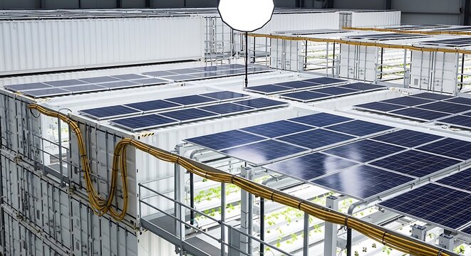 Solar panels on industrial building rooftop.