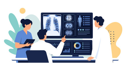 Fototapeta premium Medical team analyzes chest X ray on digital monitor.