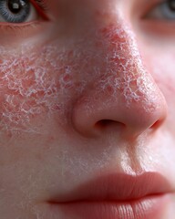 Fototapeta premium macro close-up of sensitive eczema skin around nose and mouth area, flaky patches and redness,