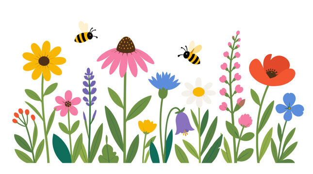 Vibrant field of colorful flowers with buzzing bees.