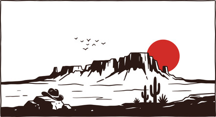 Desert landscape with cowboy hat and sunset © mdtaher