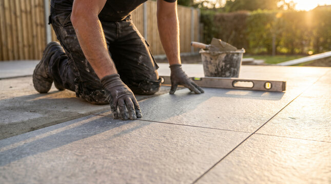 Professional paver laying stone tiles on a patio in a garden setting at sunset, focusing on the precision of the installation process