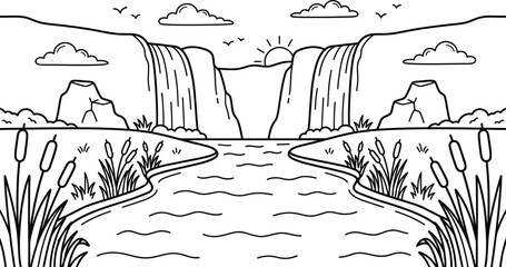 Line art illustration of a tranquil waterfall landscape with river and vegetation © mdtaher