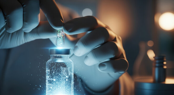Personalized medicine vial capsule futuristic lab glowing precision healthcare innovation scientific concept caring treatment