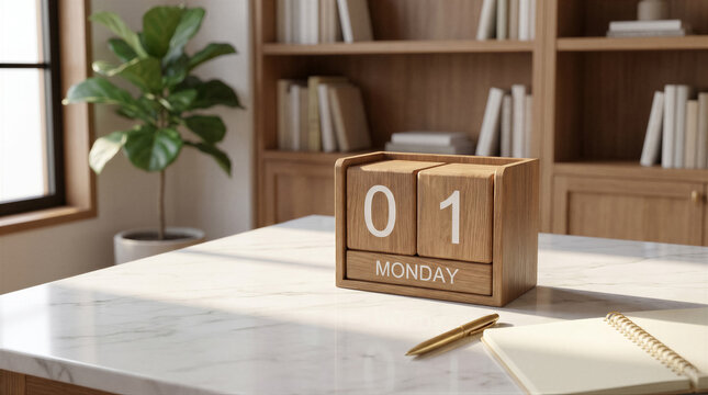 Wooden block calendar showing monday the 1st on a marble desk in a bright home office with a plant and bookshelf in the background