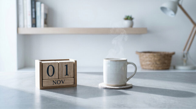 Wooden calendar with the date november 1st and a steaming cup of coffee on a grey table in a bright, minimalist home office setting