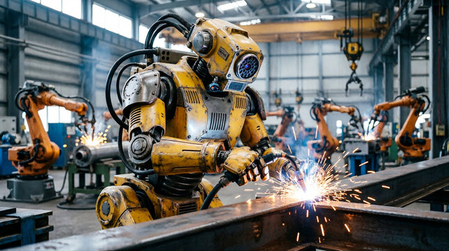Yellow industrial humanoid robot welding steel structure with automated robotic arms in factory workshop