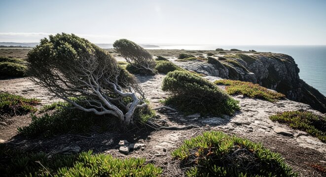 Windblown Coastal Cliff Top Landscape With Sparse Vegetation