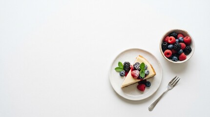Fototapeta premium Minimalist cheesecake slice topped with fresh berries and mint on a clean white background, elegant dessert flat lay with copy space.