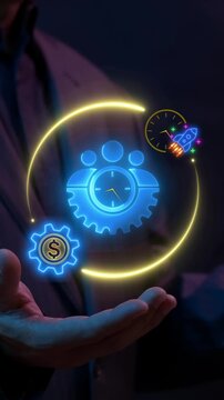 Business efficiency concept, how much a company or organization can produce as it relates to time, cost and quality. Businessman shows glowing neon line of efficiency icon on virtual screen.