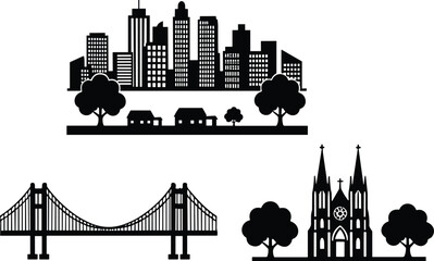 Obraz premium Suspension bridge silhouette illustration, modern city infrastructure symbol, transportation and urban architecture concept,