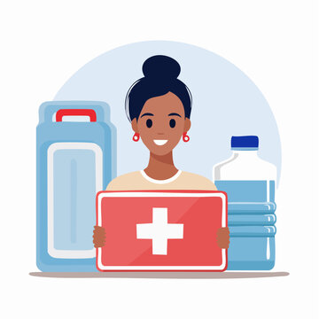 Woman Holding First Aid Kit with Water Containers