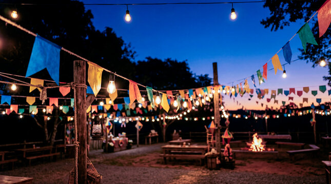 Festa junina ao ar livre com bandeirinhas coloridas e clima festivo noturno