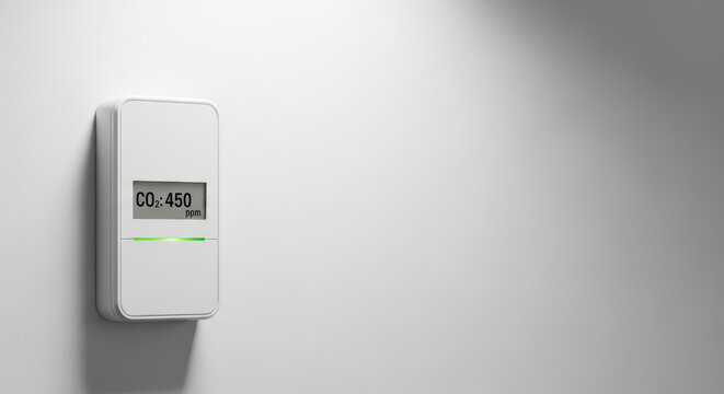 CO2 monitor device on wall showing 450 ppm with green light indicating safe air quality supporting environmental regulations in business settings