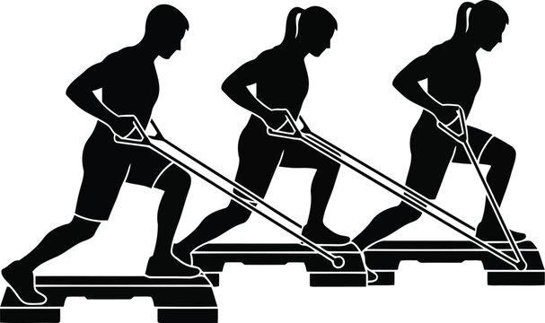Three Cross-Country Skiers in Motion Silhouette on White Background, Winter Sports Team Concept