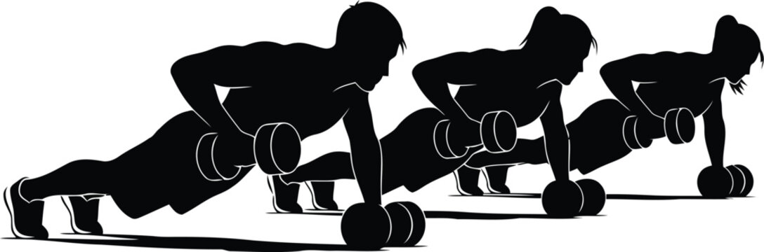 Fitness training silhouettes doing plank push up exercise on white background