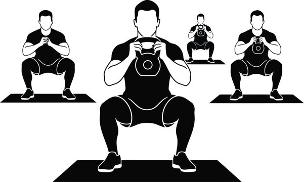 Black and White Fitness Man Doing Squat Exercise Silhouette Illustration