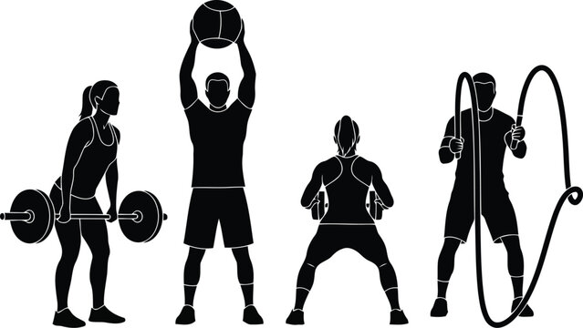 Fitness training silhouettes with barbell, kettlebell and battle rope exercises isolated on white background