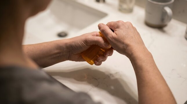 Thoughtful woman opening pill bottle in dim bathroom lighting trying to sleep or managing chronic anxiety disorder