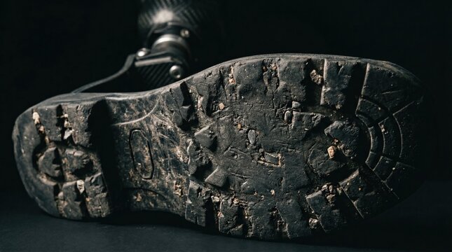 Gritty tactical boot sole with mud and pebbles, bionic leg detail in dark studio. Concept of journey, resilience, overcoming challenges.