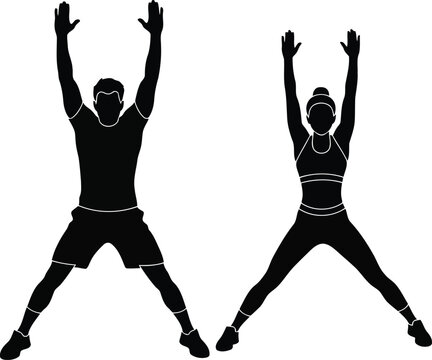 Fitness silhouette of two people doing jumping jacks exercise pose isolated on white background