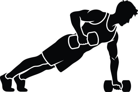Fitness woman performing dumbbell push-up exercise silhouette isolated on white background