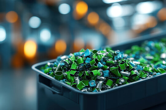 Battery recycling technology advances drive sustainable factory workflow with green metal scrap in industrial bin ready for processing reuse