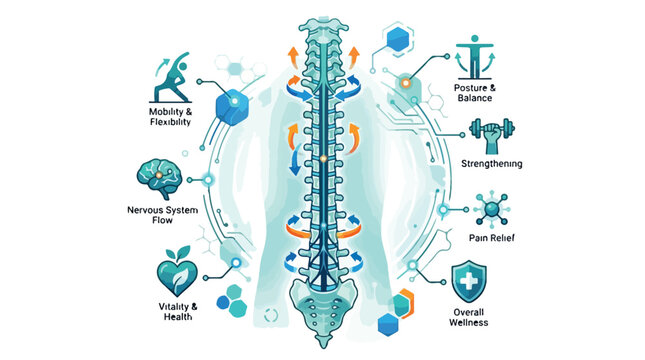 Infographic illustration of a human spine with labeled parts and related health icons on a white background with a medical and educational theme.