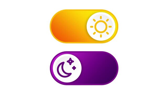 Two toggle switches showing light and dark mode options with sun and moon icons in yellow and purple on a white background