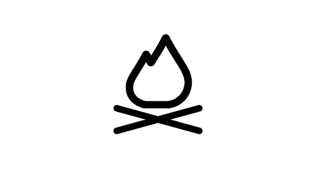 A minimalist black campfire icon showing flame and logs on a white background representing outdoor adventure and wilderness symbol