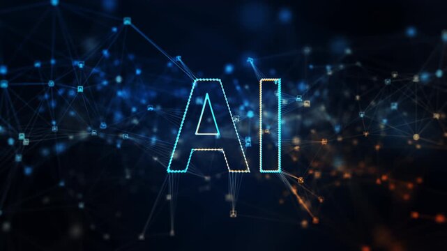 AI text with abstract digital network connections, data nodes, and futuristic technology background representing artificial intelligence, machine learning, and innovation.