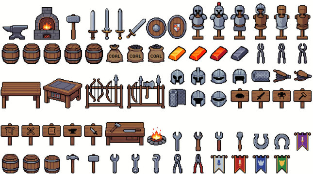 Cute Pixel Art Medieval Blacksmith Workshop Sprite Sheet Retro 8 Bit Assets