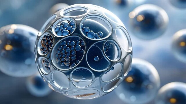 Abstract depiction of transparent spheres with bubbles and reflections