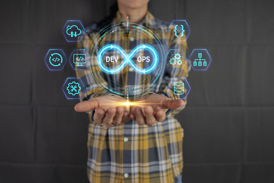 Person holding DevOps infinity loop icon with software development life cycle