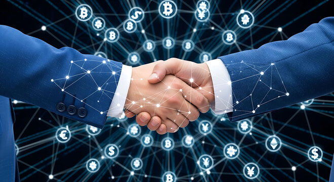 Businessmen shaking hands on global blockchain and cryptocurrency network background