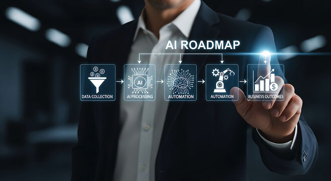AI roadmap showing business data processing automation and growth strategy
