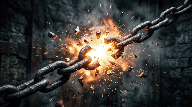 Breaking chain with explosion and sparks in dark background