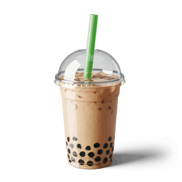 Iced milk tea with boba pearls and a green straw