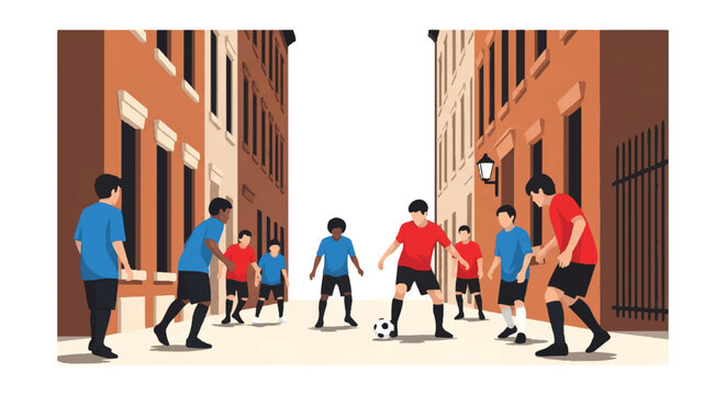 Diverse group of teenagers playing soccer in a narrow Brooklyn brownstone alleyway, minimalist composition with high contrast sunlight, vibrant jerseys in red and blue, clean white background,
