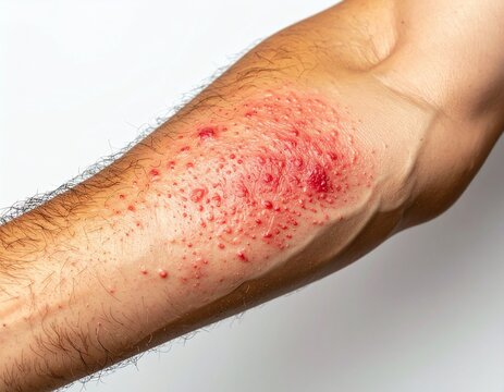 Close up of red skin rash on human forearm.