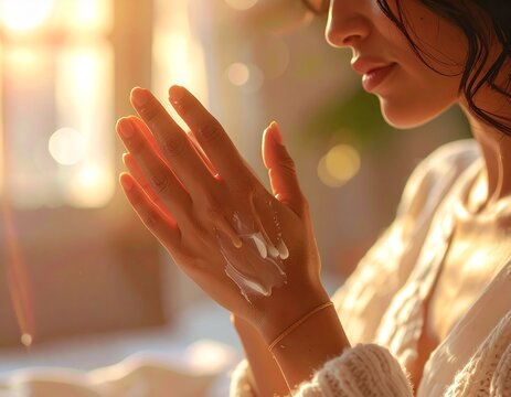 Woman praying in warm golden sunlight.