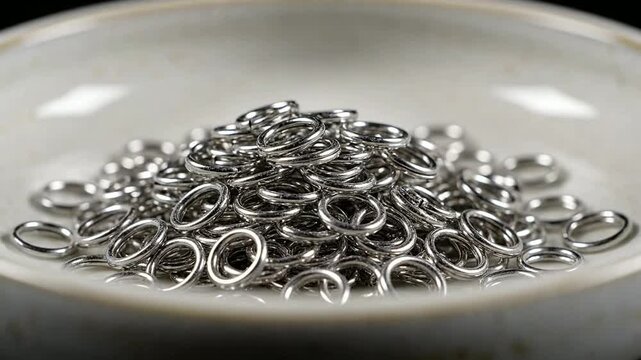 Close-Up Video Of Metallic Ringlets Cascading Into A Bowl, Showcasing Gleaming Textures And Creative Design Elements For Industrial Themes