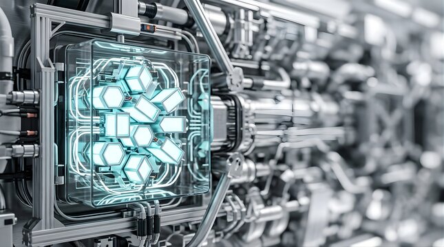 Glowing neon power unit in a mechanical engine compartment for transport